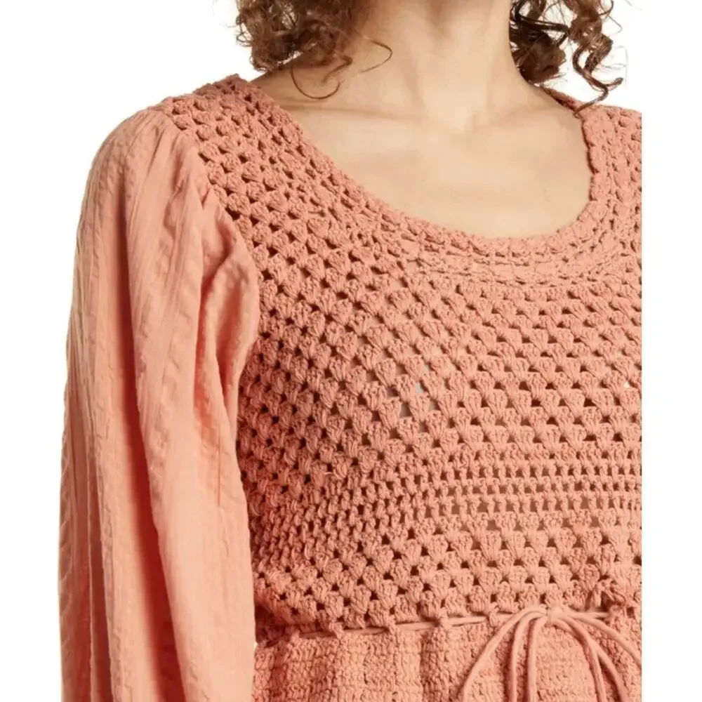 Free People Open Back Crochet Boho Top Dusty Rose Large NWT